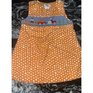 EUC Silly Goose Orange Polka Dots Smocked  Dress Baby Girl 12months Tractor